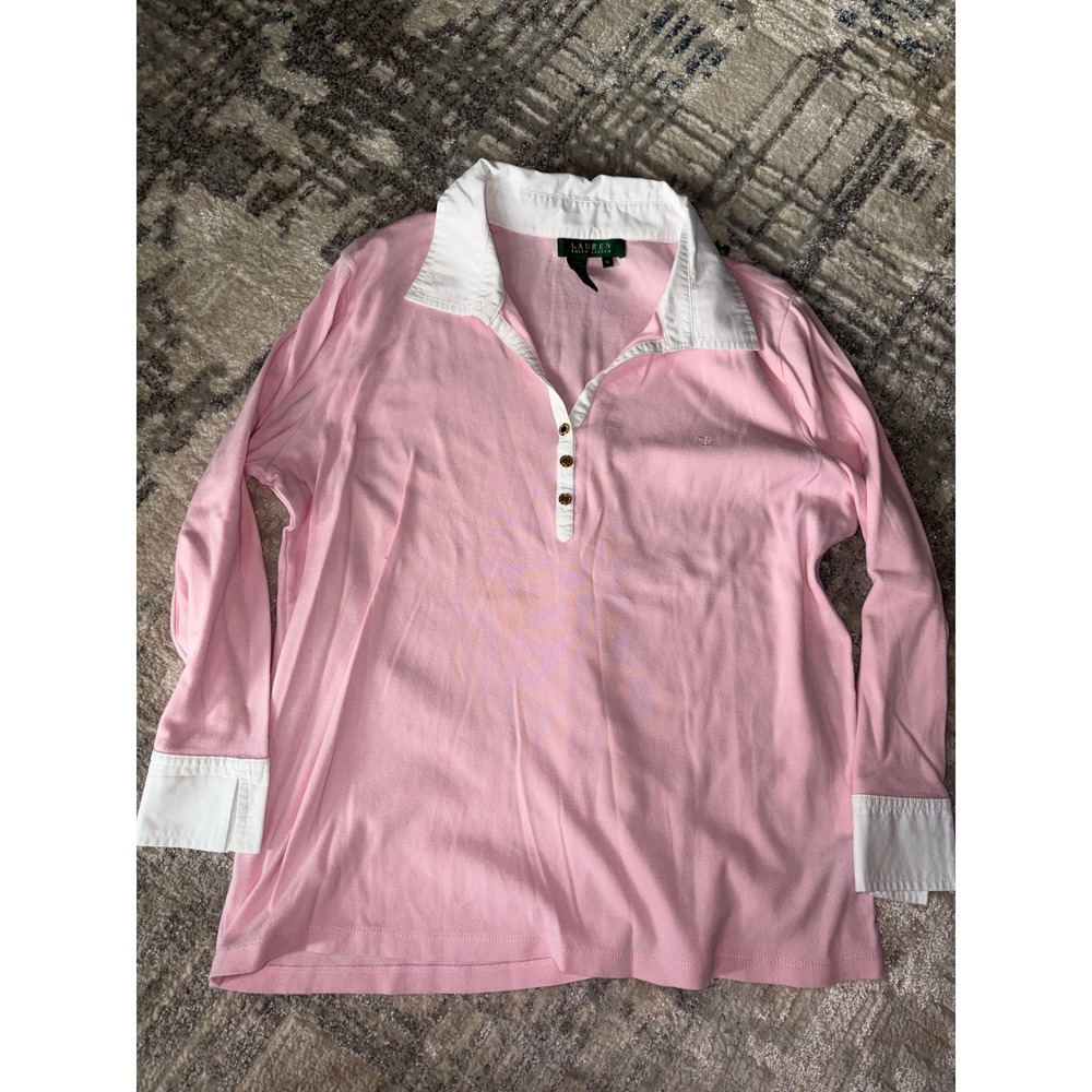 Lauren Ralph Lauren Pink Long Sleeve Polo Shirt Contrast Collar Cuffs XL